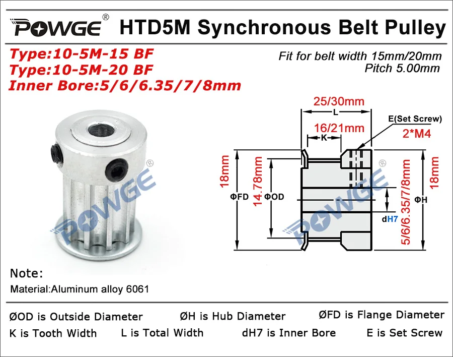 10 Teeth HTD 5M Synchronous Pulley Bore 5/6/6.35/7/8mm for Width 15/20mm HTD5M Timing Belts Gear wheel pulley 10Teeth 10T POWGE timing belt pulley timing pulley belt pulley