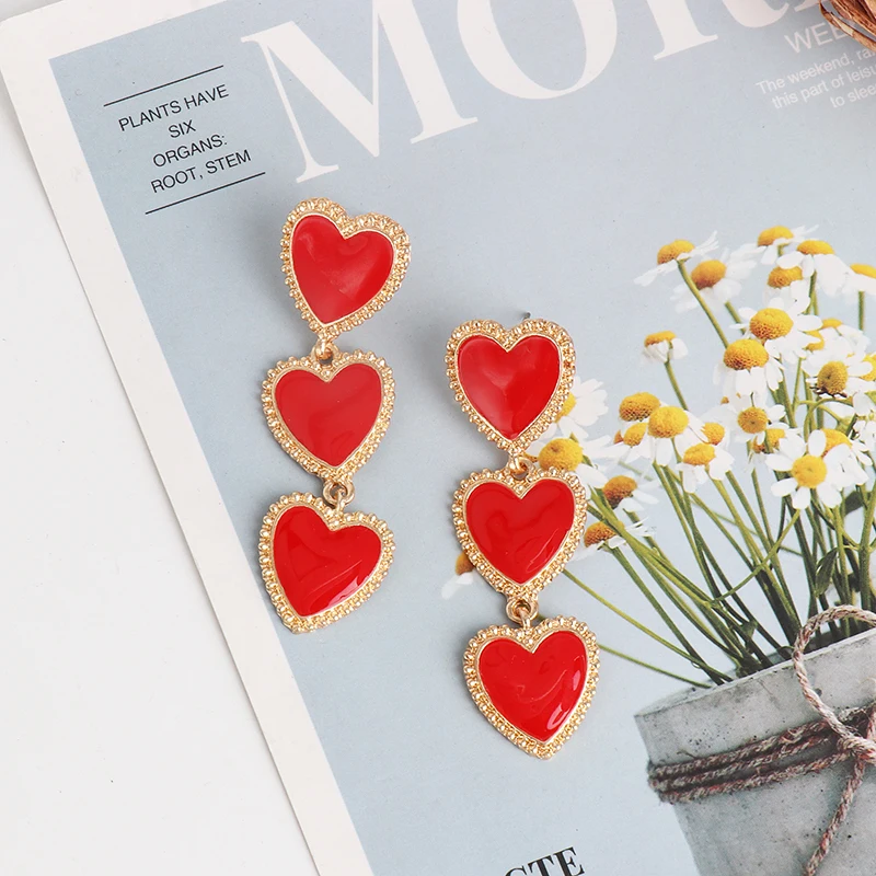 New Design Three Hearts Chain Long Dangle Earrings Women Red Black Green Heart Statement Earrings Wedding Jewelry