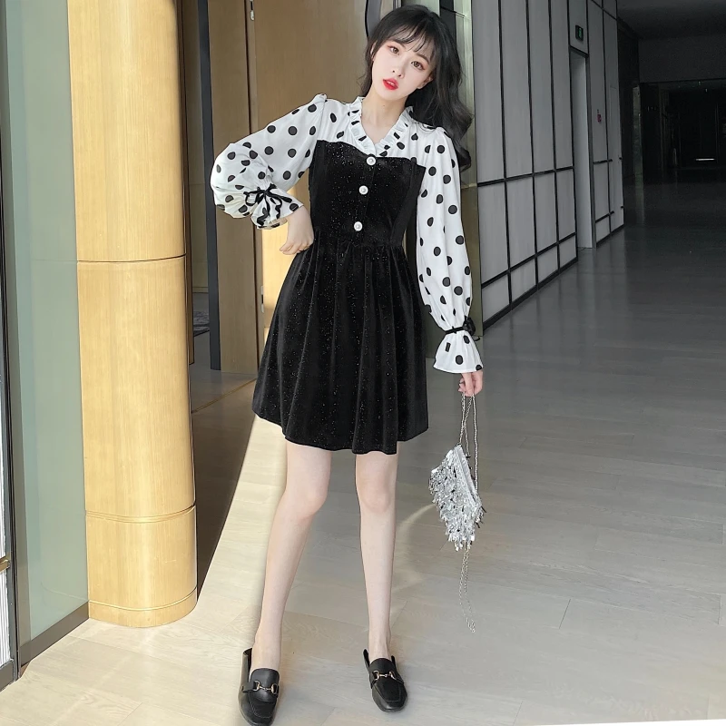 

S-4XL Plus Size Women French Retro Hepburn Style Trumpet Sleeve Stitching Wave Dot A-line Dress 2020 Empire Mini Dress Vestidos
