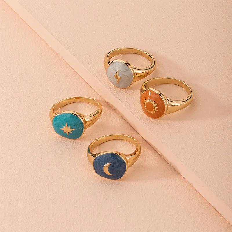 

Golden Round Star Rings Moon Lightning Sun Semi Precious Stone Ring Valentines Luxury Love Ring With Stone Bulk Oval Wed Ring