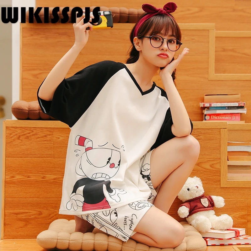 

WIKISSPJS 2022 New Summer Cotton Pajamas Short Sleeve Shorts Lively Lovely Girl Student Round Neck Pullover Home Wear Two Piece