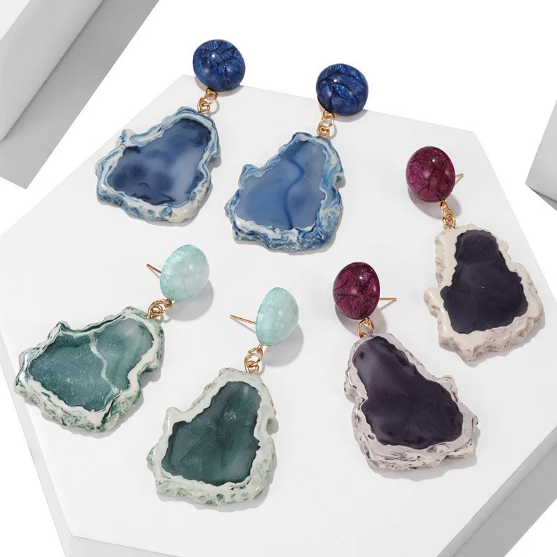 7Vintage Blue Pink Stone Resin Earrings Big Long Drop Earrings For Women Statement Jewelry Pendientes Mujer Moda 2019 Ohrringe