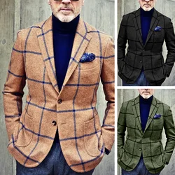 Men Plaid Blazer Jackets Short Coat Single Breasted Full Sleeve Vintage Autumn Winter Fashion Men's Blazers Jacket