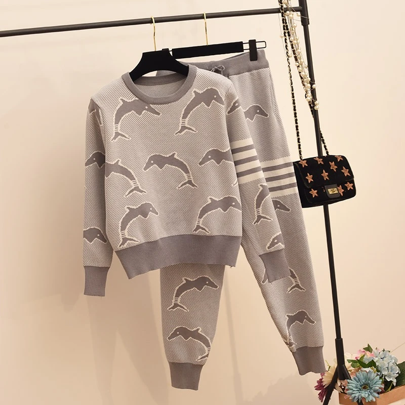 

High Quality Fall Winter Knitted Tracksuit Women 2 Piece Set Oversize Top + Casual Long Pants Two Piece Set Sweatsuits For Women