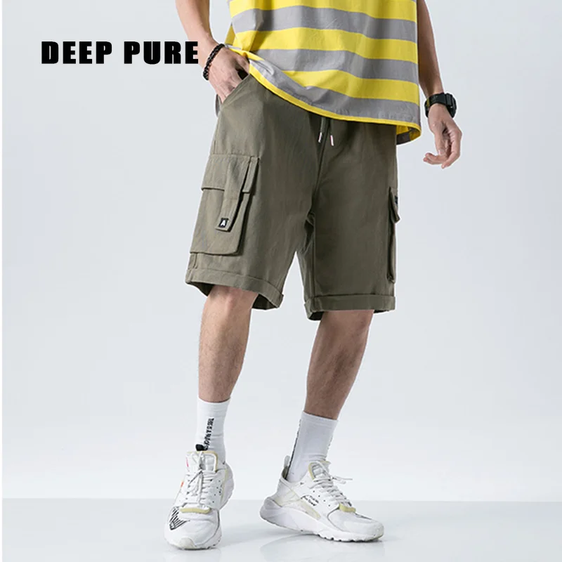 

men shorts cargo pants summer casual pants pocket knee length drawstring waist tactical shorts military green black Khaki