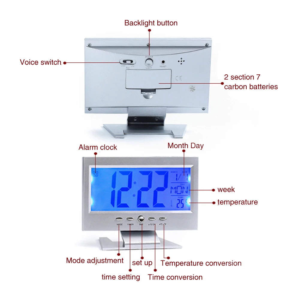 Функция повтора прямоугольной формы домашний декоративный спальня ЖК-дисплей Цифровые Офисные Настольные часы-будильник с термометром на батарейках - Цвет: Sliver