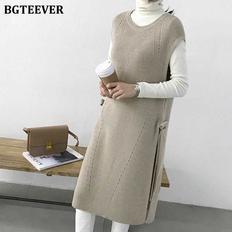 BGTEEVER вязаное длинное платье с круглым вырезом Женское зимнее коротким рукавом