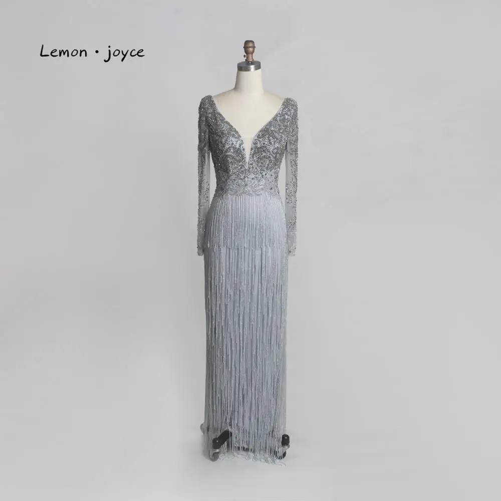 Lemon joyce элегантные длинные вечерние платья с v-образным вырезом и длинными рукавами с бахромой из бисера платье Дубай vestidos de festa