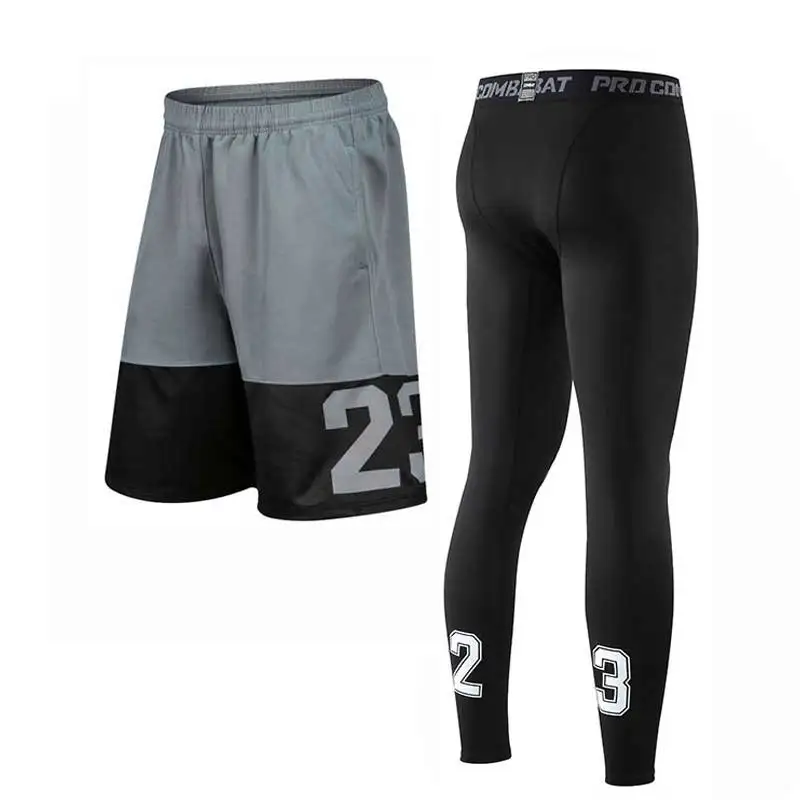 Мужские баскетбольные наборы, спортивные быстросохнущие тренировочные шорты+ колготки для мужчин, футбольные упражнения, Пешие прогулки, бега, фитнеса, йоги 172L - Цвет: 166 Grey L
