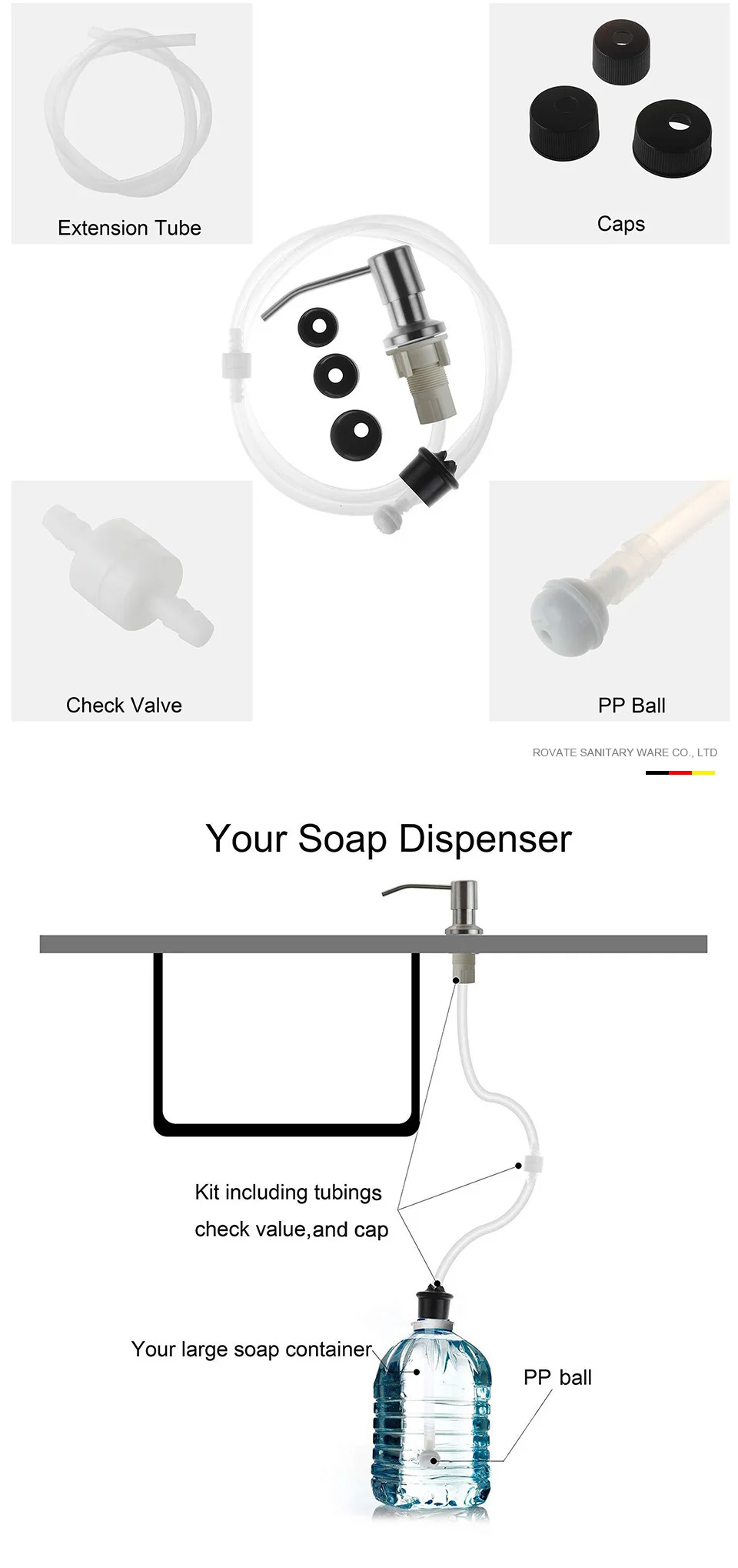 ROVATE дозатор для жидкого мыла из нержавеющей стали комплект удлинительных трубок, мыльные насосы подключаются к бутылке для мыла для кухонных раковин