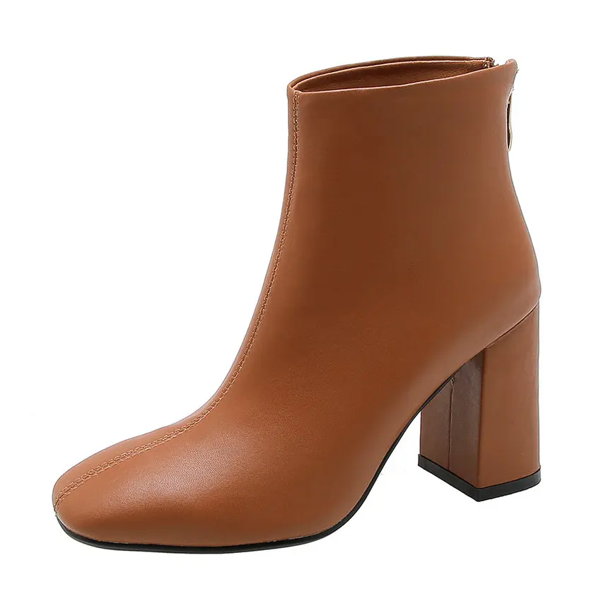 Коричневый QUTAA PU Leather Ankle Boots Super Square High Heel Women Shoes Zipper Autumn Pointed Toe Motorcycle Casual Big Size 34-43 - Цвет: Коричневый
