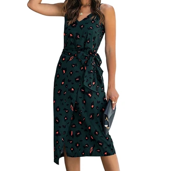 

Women V Neck Sleeveless Lace Up Hight Waist Leopard Printed Sexy Dress Summer Women Clothes Fashion Beach Printes Slim Dress
