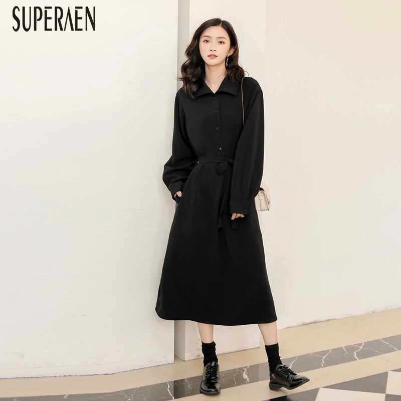 SuperAen, корейский стиль, женское платье, новинка, осень и зима, длинный рукав, платье-рубашка, женская повседневная одежда с высокой талией