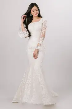 

2020 New Vintage Lace Mermaid Modest Wedding Dresses With Bell sleeve Square Neck Ivory Champagne Religious Bridal Gown