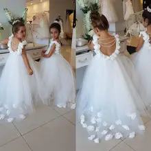 Платья с цветочным узором для девочек на свадьбу, с оборками, Кружевной Тюль, жемчуг, открытая спина, принцесса, детские платья на свадьбу, день рождения