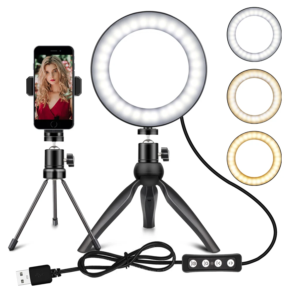 

LED Ring Light 6" with Tripod Stand for YouTube Video and Makeup, Mini LED Camera Light with Cell Phone Holder Desktop LED Lamp