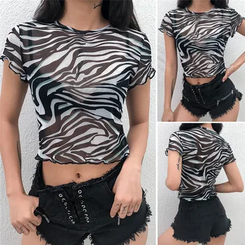 

Sexy Women Clubwear Ruffles Zebra Print T-shirt Streetwear 2020 Mesh Sheer See Through T-Shirt Short Sleeve Crop Tops T-shirt
