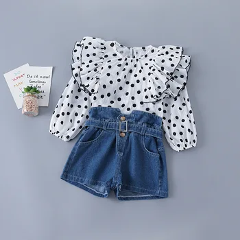 

2020 Baby Girl Clothes Summer Cute Dot Polka Long Sleeve T-shirt and Denim Shorts 2pcs Kids Clothes Outfits Children Clothing