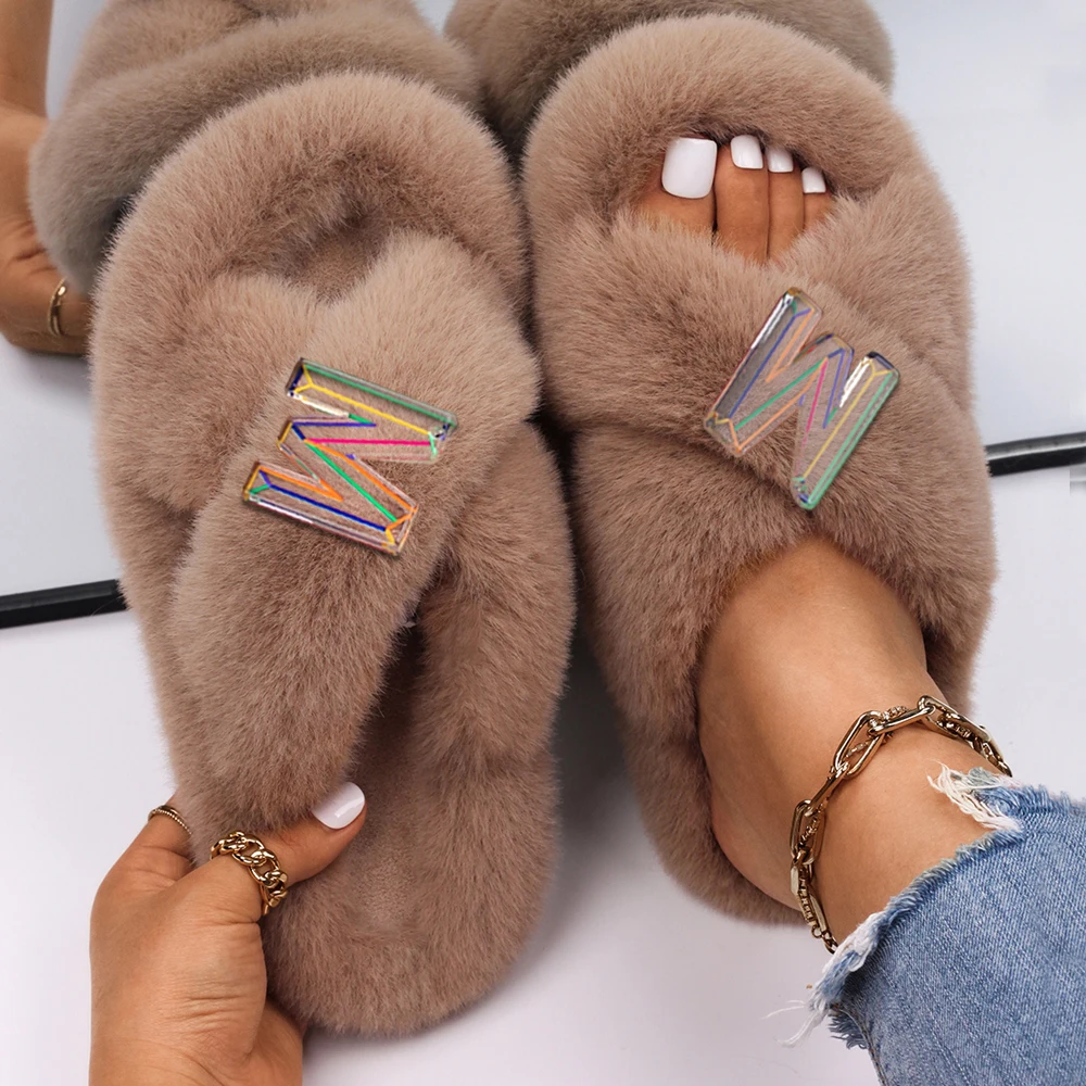 Fashion Slippers Women Designer Letter Decor Faux Fur Slides Home Fluffy Flip Flops Female Platform Sandals Winter Casual Shoes