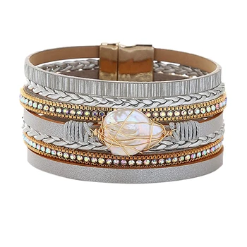 

Leather Multilayer Woven Natural Shell Square Pearl Bracelet Wide Buckle Wristband Bracelet Woven Women'S Cuff Bracelet