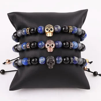 New Design Natural Stone CZ Pave Skull Charm Friendship Macrame Adjustable Bracelet Men