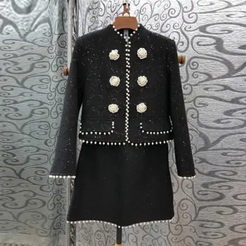 

HAMALIEL New Luxury Women Sequined Beading Tweed Set Fall Winter Deco Tweed Pearls Woollen Jacket Coat + Short Pencil Skirt Set
