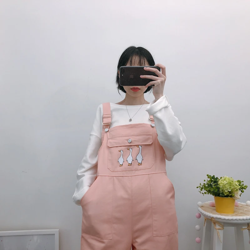 Женские комбинезоны Kawaii С мультяшным принтом, розовые, милые, свободные, длина по щиколотку, простые, студенческие, с карманами, повседневные, женские комбинезоны, шикарные