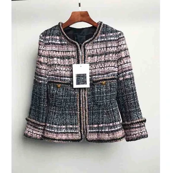 

Cosmicchic 2020 Autumn Runway Tweed Jacket Suit Patchwork Weave O-Collar Gold-Button Ladies Suit Office Business Elegant Outwear