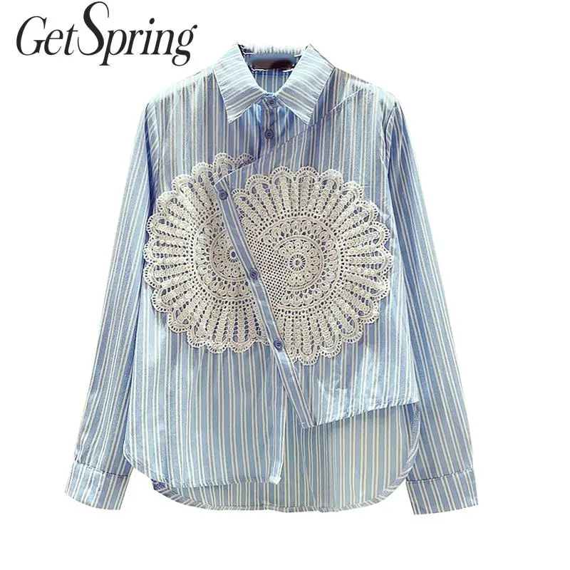 

GETSPRING Women Shirt Lace Beading Patchwork Stripe Asymmetry Womens Tops Blouses Color Matching Irregular Plus Size Lace Blouse