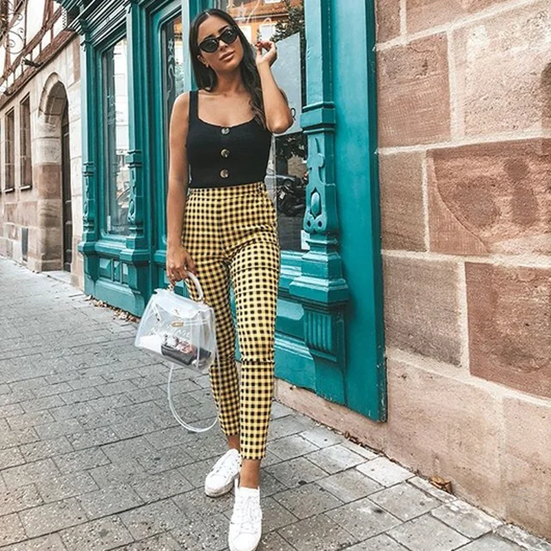 High Waist Plaid Pants Women 2020 Casual Skinny Cotton Elastic OL Style