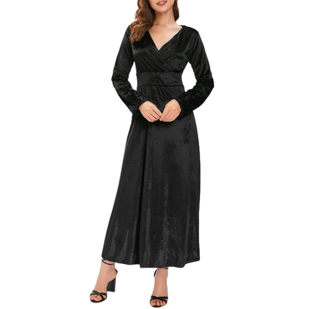 Autumn Women Dress Casual Full Sleeve V-Neck Ruched Dresses Thin Floral Solid Color Long Kaftan Dress Spring Ladies Girls 806