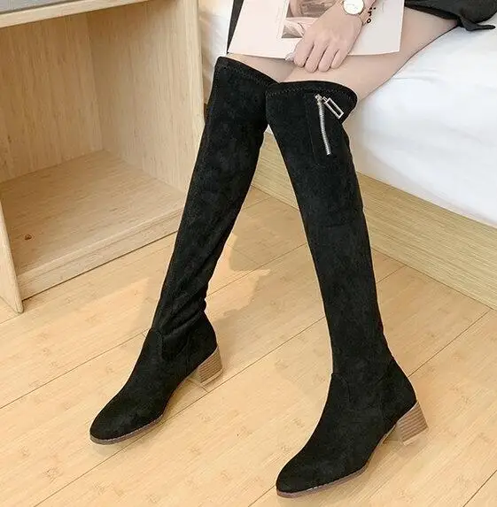 black zipper Эластичные сапоги; женские Сапоги выше колен; эластичные флоковые сапоги для верховой езды; сезон осень-зима; новые замшевые тонкие носки; ботинки на шнуровке и молнии; botines - Цвет: black zipper