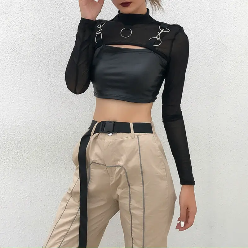 Fashion Women Mesh Long Sleeve O Neck Crop Tops Bikini Cover Up