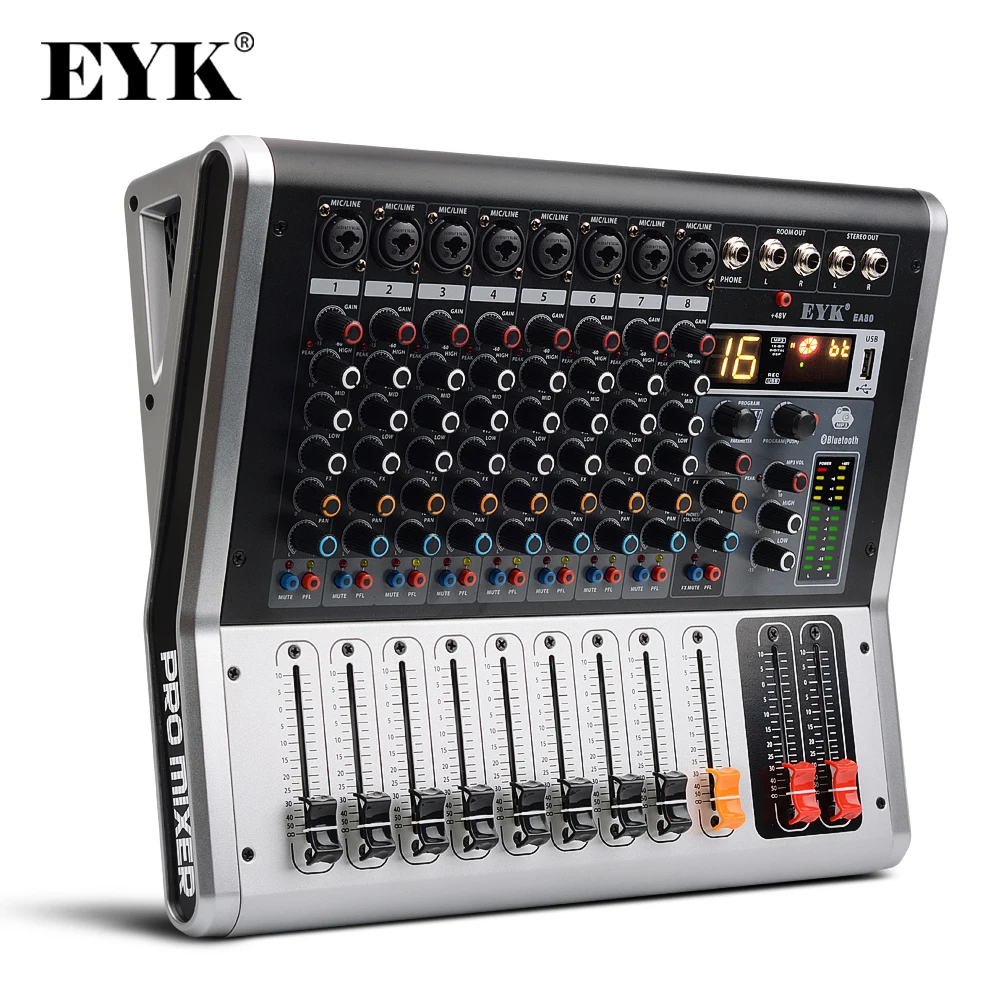 EYK EA80 8 канальный микшерный пульт с выключателем звука и PFL Bluetooth запись 3 диапазона эквалайзера 16 DSP Эффект Профессиональный USB аудио миксер EYK EA80 8 канальный микшерный пульт с выключателем звука и PFL Bluetooth запись 3 диапазона эквалайзера 16 DSP Эффект Профессиональный USB аудио миксер