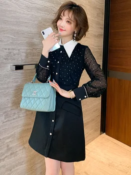 

Contrasting Color Small Pointed Collar Shirt Stitching Single-Breasted A- line Dress Fake Two-Piece Dress 2020 Autumn New