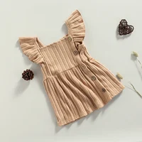 Baby Girls Casual Princess Knitted Dress, Solid Color Square Collar Fly Sleeve Thick Ribbed Gown, Pink/ Beige/ Khaki 0-24M 4
