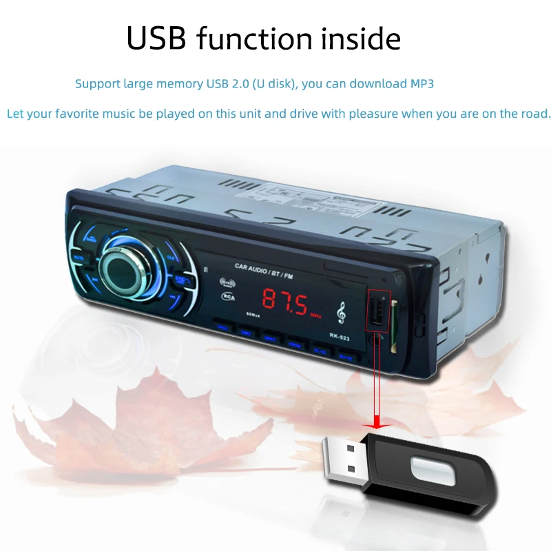 1 Din RK-523 автомобильный стерео аудио MP3 плеер для автомобиля FM функция DC12V Поддержка USB/SD/Card Reader Черный 4 колонки Bluetooth