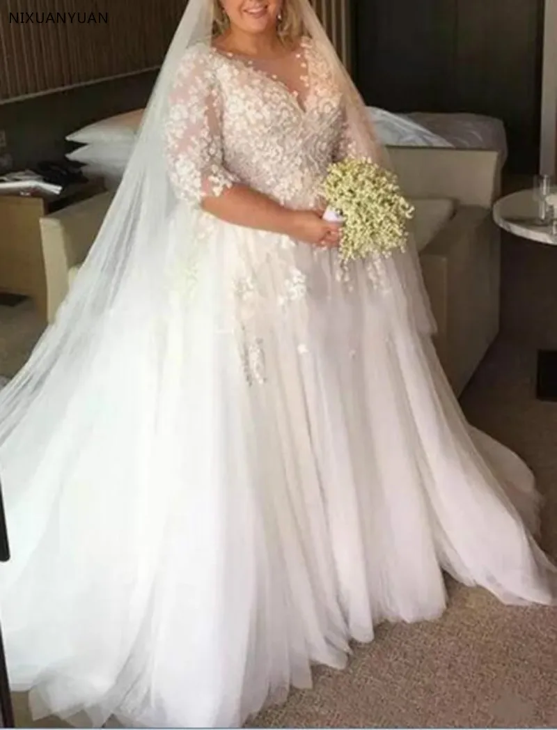 Wedding-Dresses-2019-Plus-Size-Ball-Gown-Bridal-Gowns-Half-Sleeves-Vestidos-de-Novia-gelinlik-Marriage (1)_2