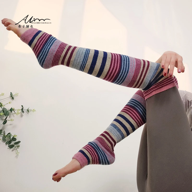 다리 커버 캐시미어 따뜻한 미끄럼 방지 무릎 양말, 스트라이프 긴 다리 워머, 니트 패션, 고품질