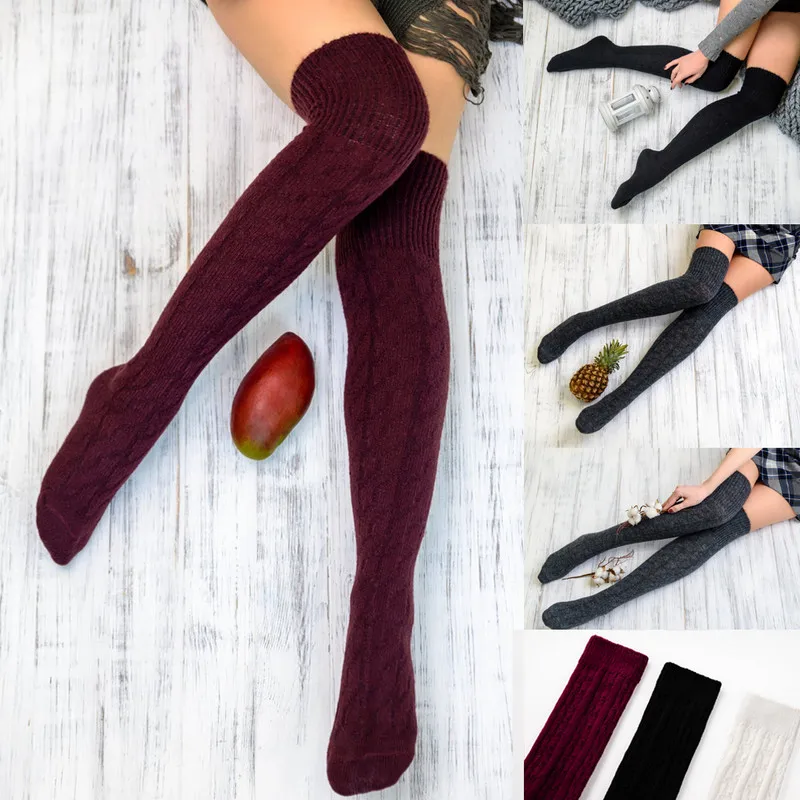 

1 Pair Women Girl Over Knee High Socks Spring Autumn Winter Warm Knit Soft Thigh High Long Socks solid color loose Stockings