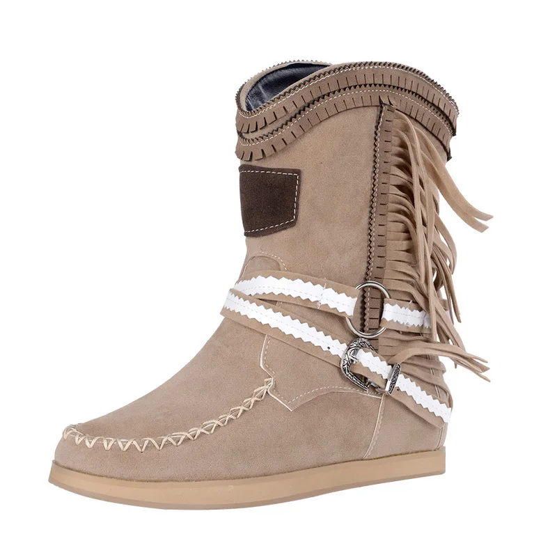 khaki 2 HEFLASHOR/ осенние сапоги в стиле бохо; женские этнические полусапожки из искусственной замши с бахромой и бахромой; женские ботинки на квадратном каблуке - Цвет: khaki 2