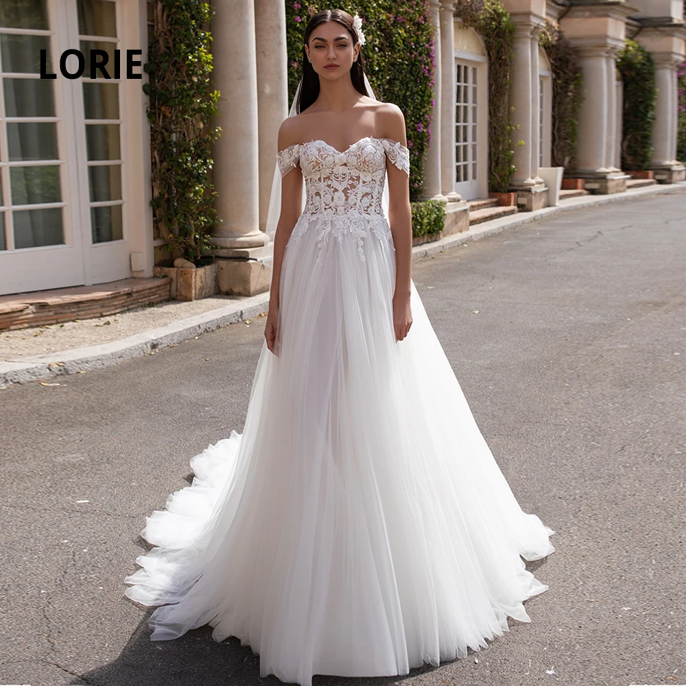

LORIE Off the Shoulder Elegant Lace Appliqued with Beaded Wedding Dresses Boho 2020 Tulle Sleeveless Backless Beach Bridal Gowns