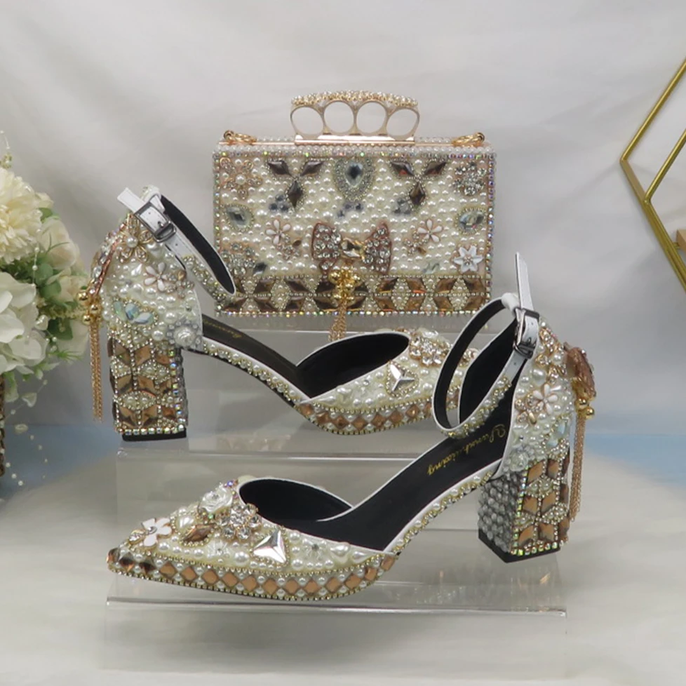 Luxury Beige Pearl Wedding shoes with matching bags 6