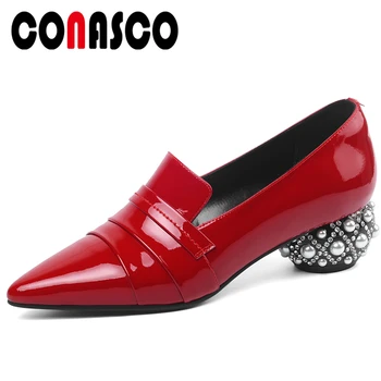 

CONASCO New Women Patent Leather Wedding Party Shoes Rhinestone Pearl Decoration Strange Heel Shoes Mature Fashion Shoes Woman
