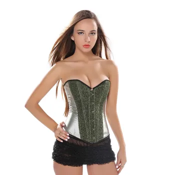 

Satin Sequin Burlesque Overbust Corset Carnival lace up boned Waist Cincher Bustier Push UP plus size S-2XL