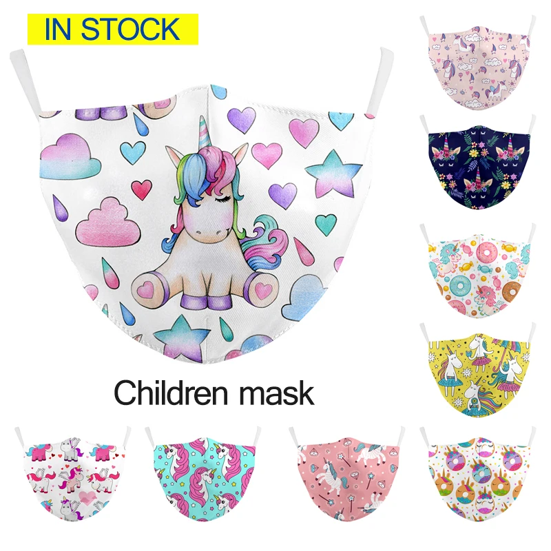 Reusable Masks Cartoon Unicorn Animal Face Pink Cute Pony Print Kid's Mask Fabric Washable Mouth Cover Children | Красота и