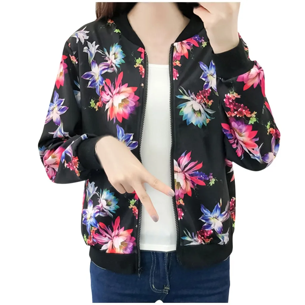 

Korean Style Coat Bomber Jacket Women Floral Print Jacket Zipper Long Sleeve Baseball Jackets female Streetwear Plus Size FA