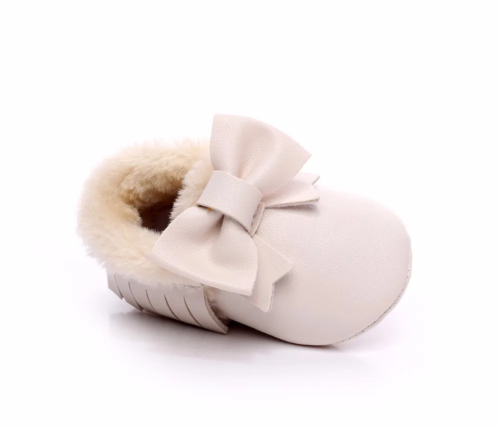 beige1 Прекрасный ребенок младенец обувь с бантом зима из искусственной кожи мех малыша обувь Сапоги Теплая бахрома детские мокасины Первые ходунки - Цвет: beige1
