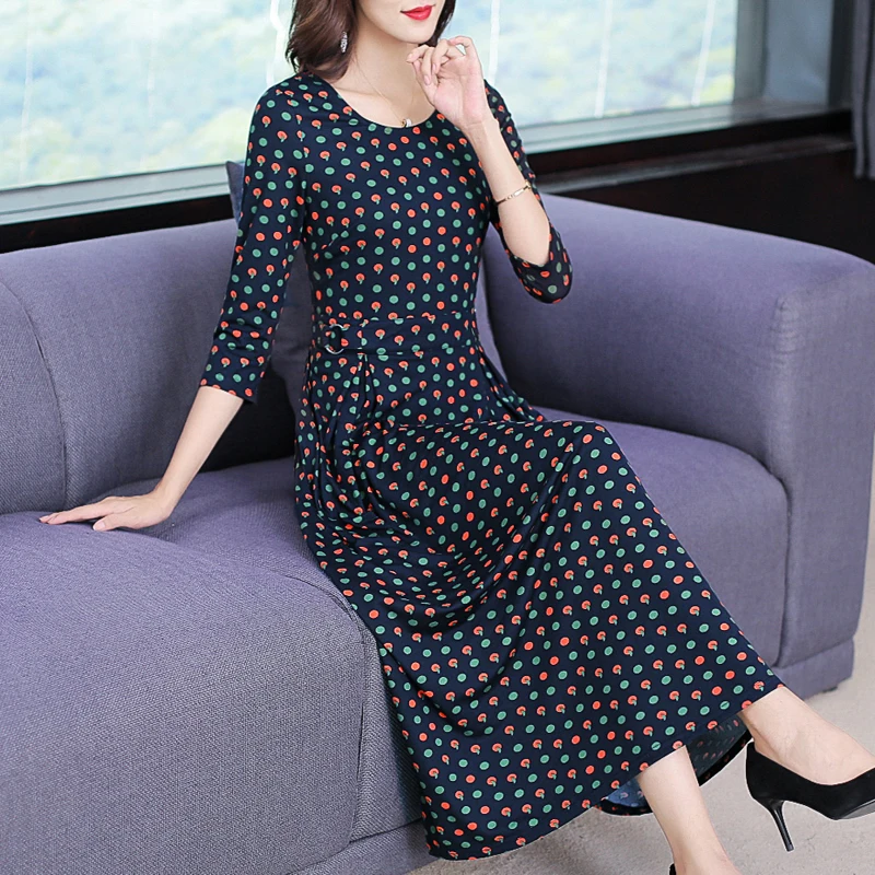 

Retro Polka Dot Print Long Dress Autumn New Female Three Quarter Sleeve Knitted Dress Casual Elegant O Neck Sashes Dress