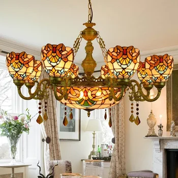 

European style retro Tiffany colored glass baroque style bar club multi head crystal remote control Chandelier